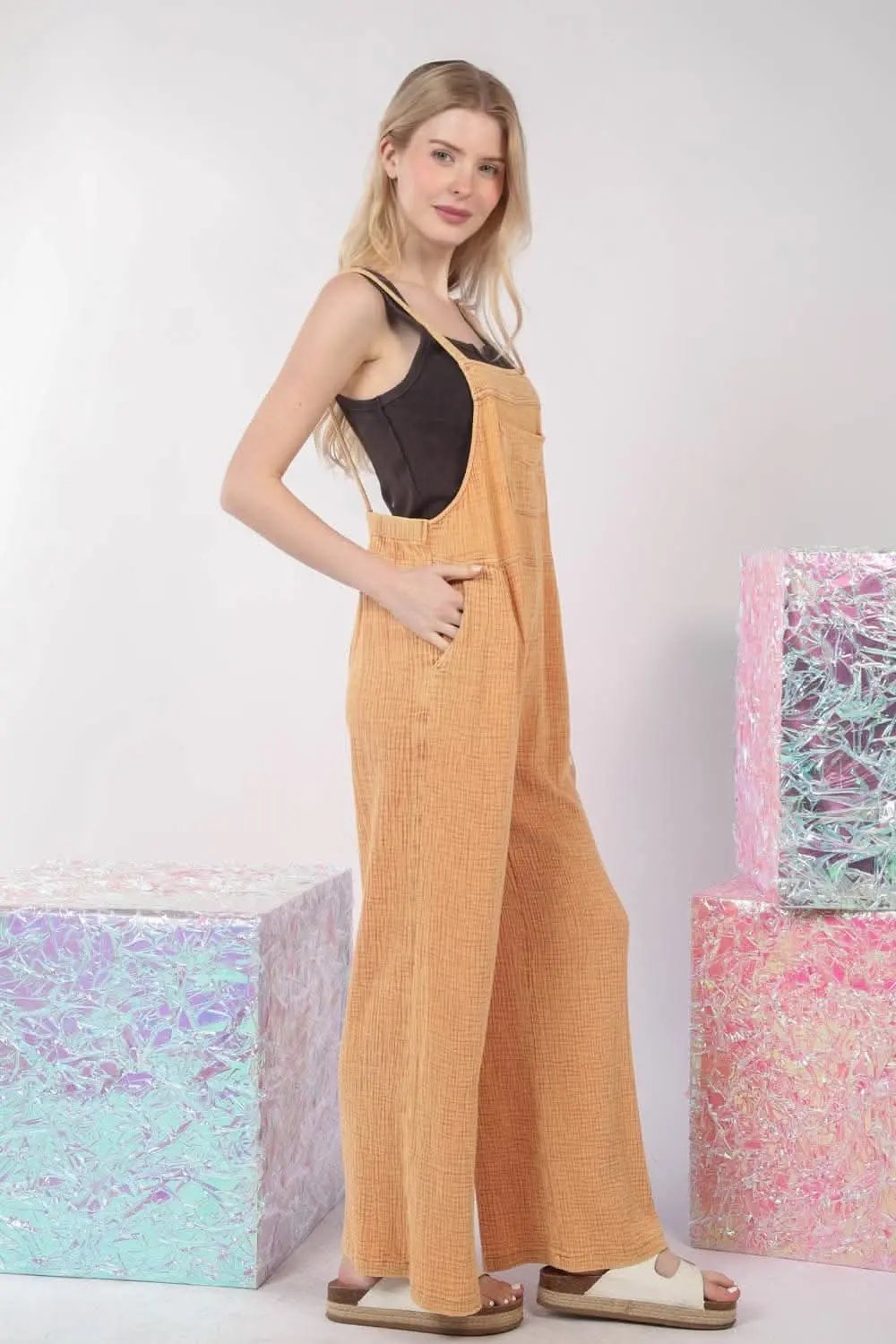 VERY J Texture Washed Wide Leg Overalls - Love Salve